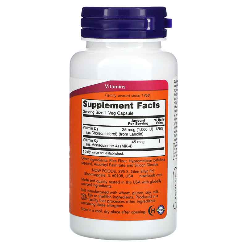 NOW Foods Vitamines D3 + K2 – 120 capsules végétales – Image 2