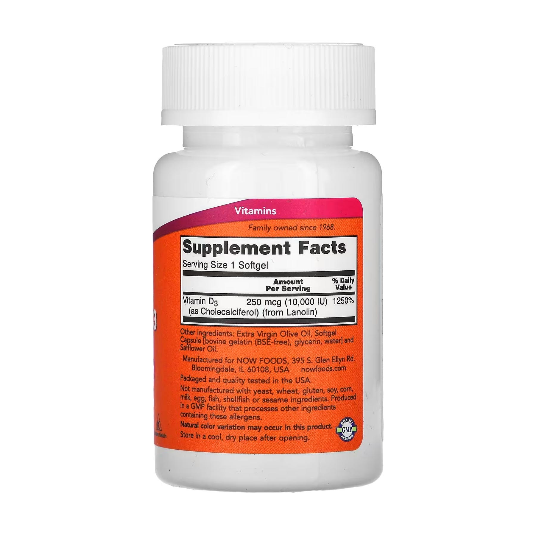 NOW Foods Vitamine D3 10 000 UI – 120 softgels – Image 2