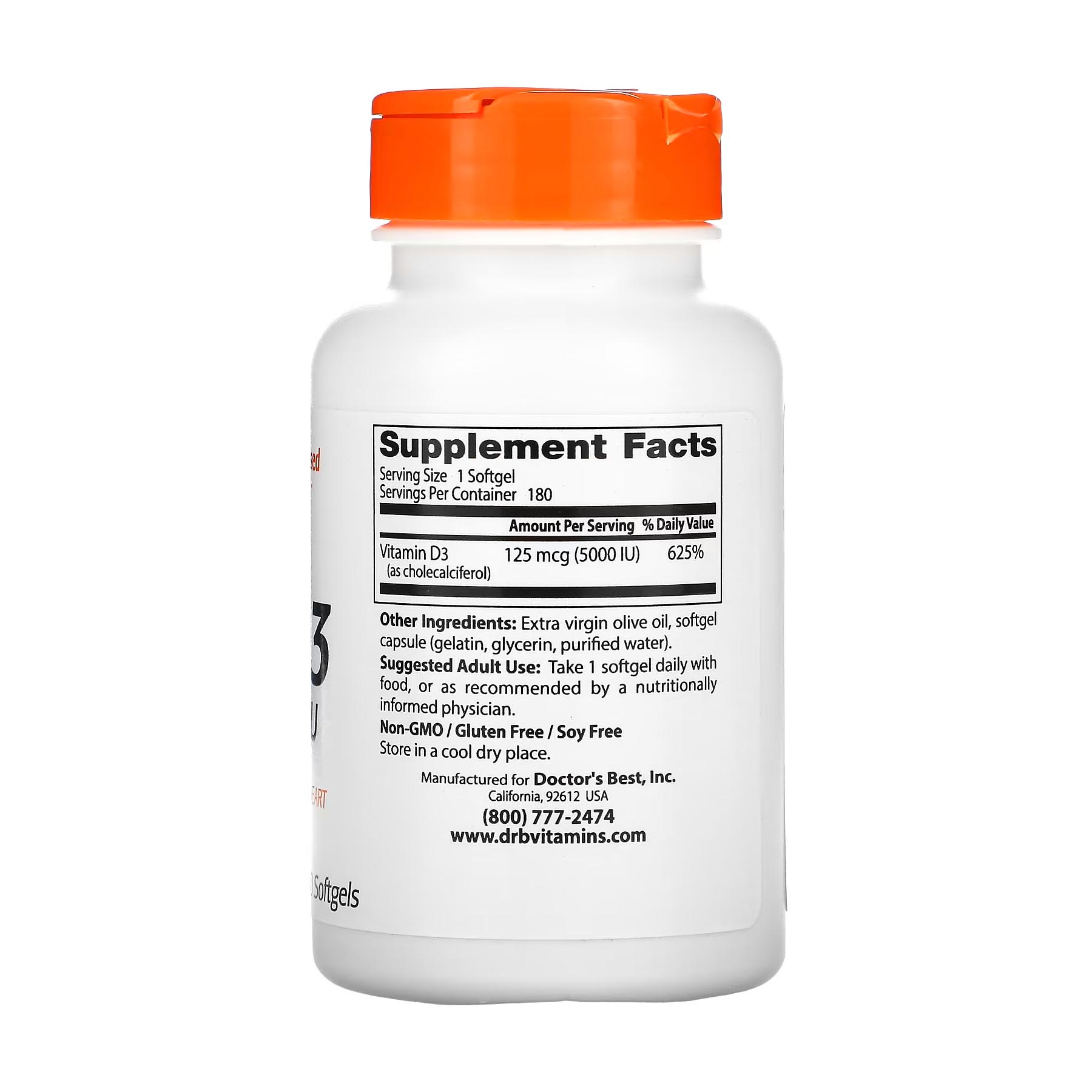 Vitamine D3, 125 µg (5000 UI), 180 capsules à enveloppe molle. Doctor's Best – Image 2
