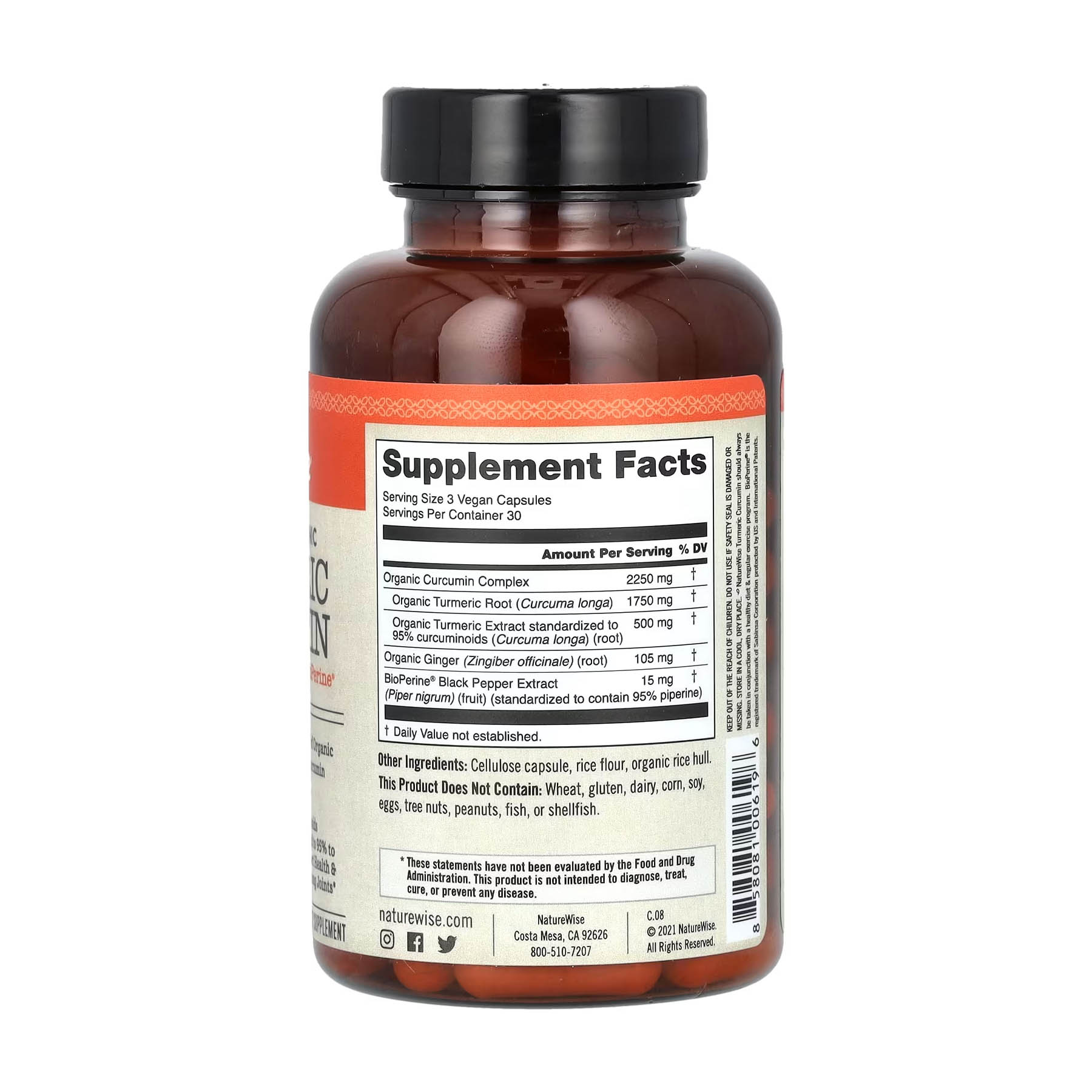 Curcumine de curcuma biologique, 90 capsules vegan , NatureWise – Image 2