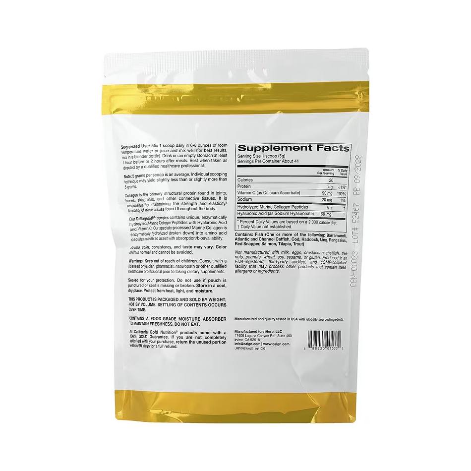 CollagenUP – Collagène Marin Hydrolysé avec Acide Hyaluronique et Vitamine C (206 g), California Gold Nutrition – Image 2