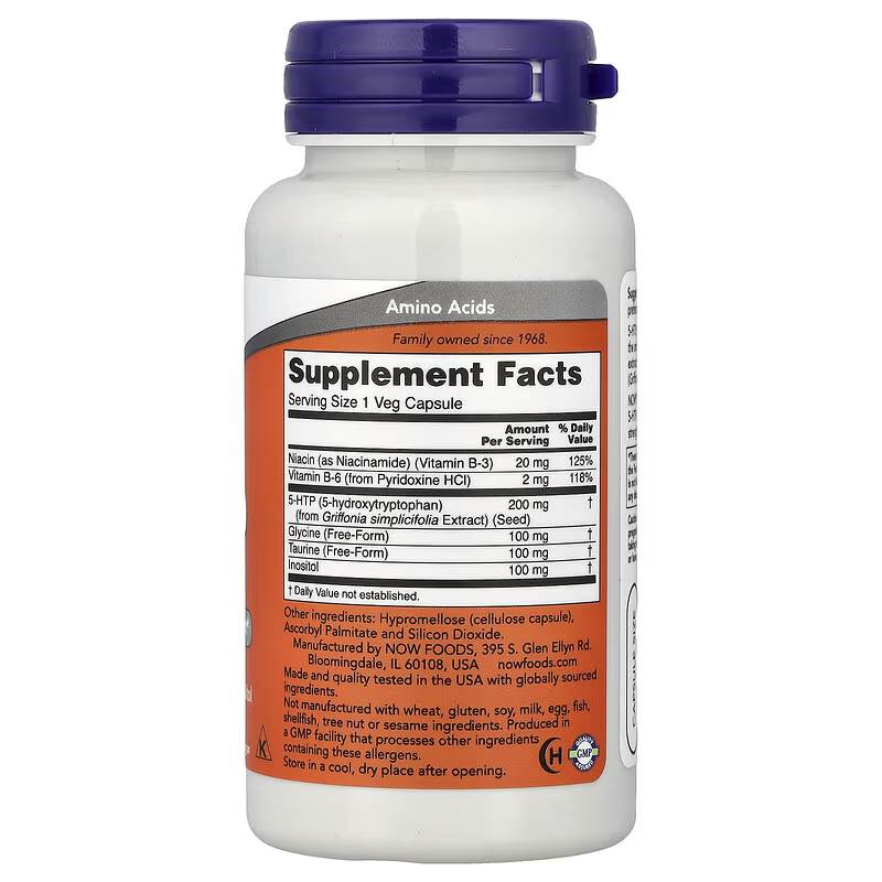 NOW Foods 5-HTP avec glycine, taurine et inositol – 60 capsules – Image 2
