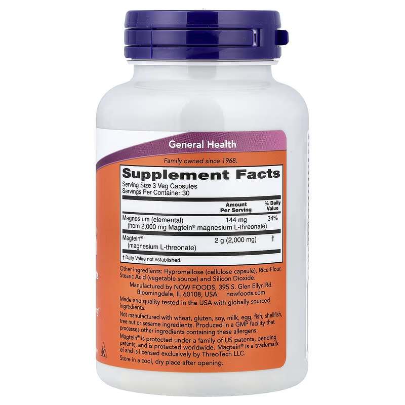 NOW Foods Magtein Magnésium L-Thréonate – 90 capsules végétales – Image 2